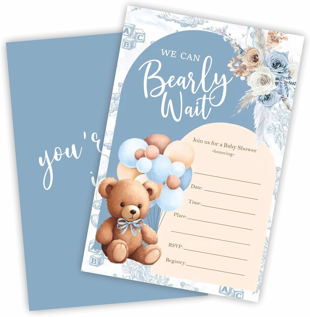 We Can Bearly Wait Baby Shower Invitation, 20 Blue Boho Floral & Bear Balloon Fill-In Invites With Envelopes, For Boys And Girls Baby Announcement, Gender Reveal Party Supplies & Decorations - B03