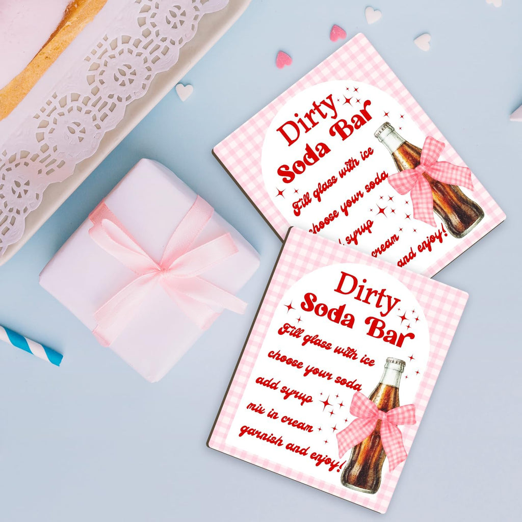 Dirty Soda Bar Sign for Baby Shower or Wedding Party- She's Ready to Pop Soda Bar Instructions and Menu, Pink Bow Wooden Party Sign for Gender Reveal, Bridal Shower Tabletop Decor, 8x10 Inch
