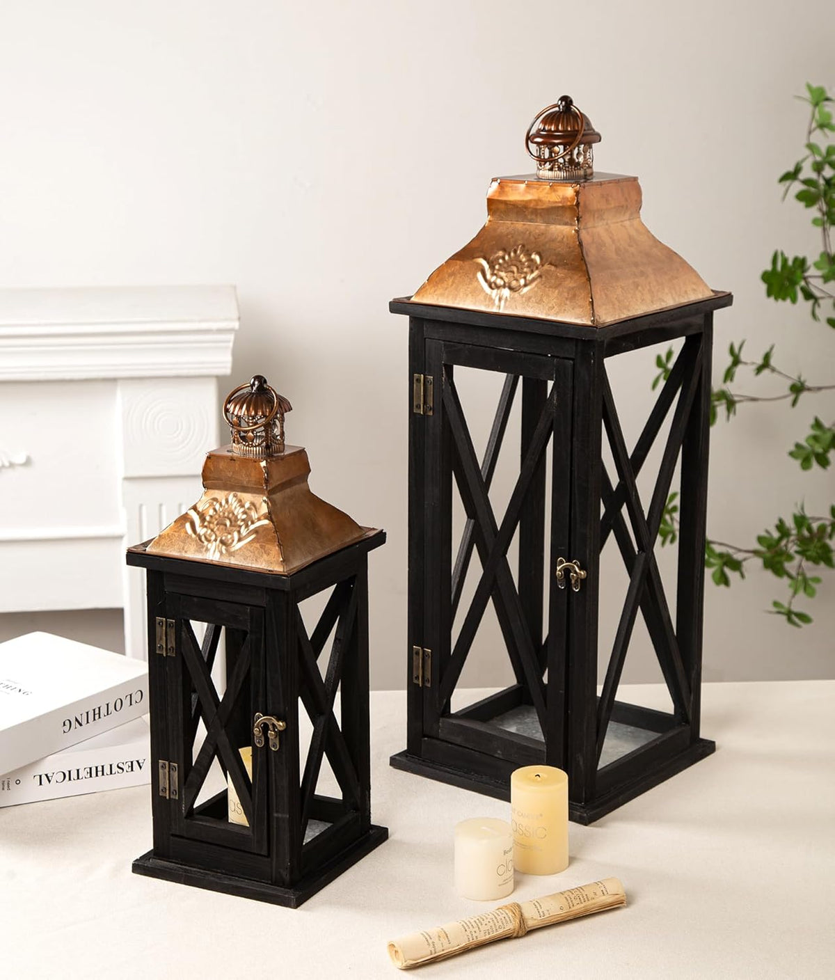 Large Farmhouse Wooden Lanterns with Metal Top, Decorative Floor Lanterns Set...