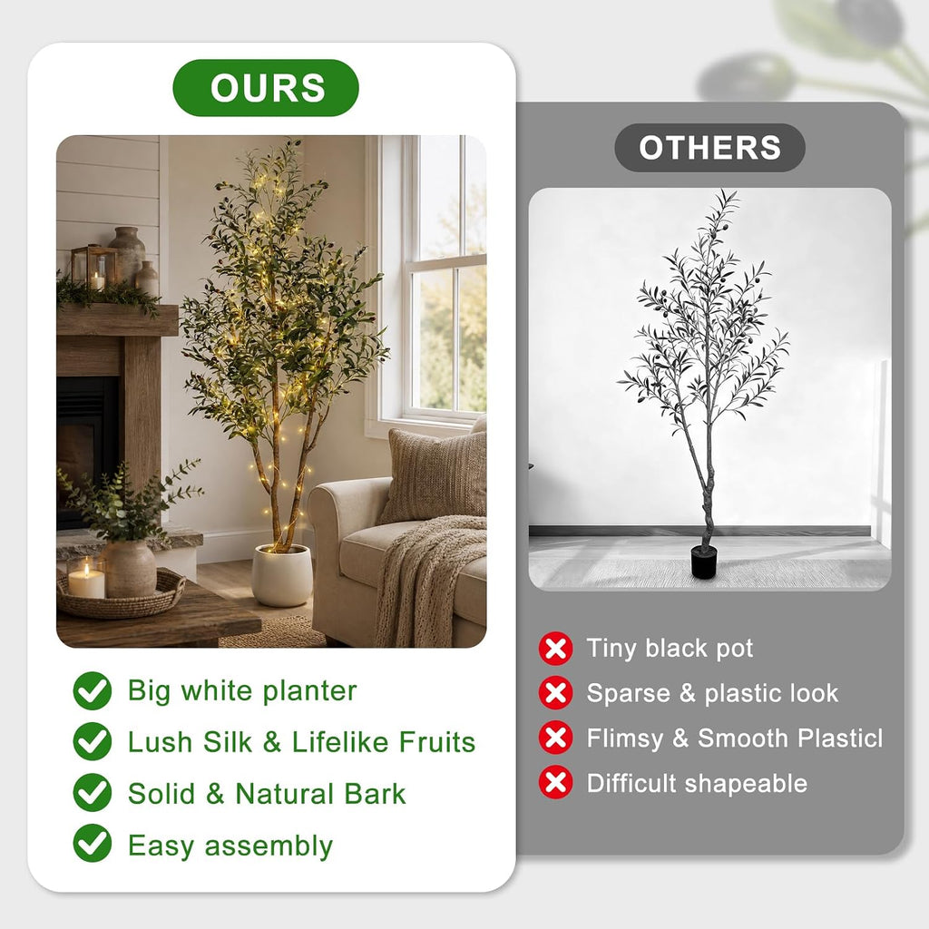 7ft artificial olive tree with lights & planter, front angle view