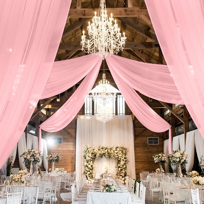 6 Panels Dusty Rose Ceiling Drapes for Wedding 5ftx30ft Chiffon Fabric Arch Draping Curtains Sheer Drapery for Party Ceremony Birthday Baby Shower Reception Stage Swag Ceiling Decorations