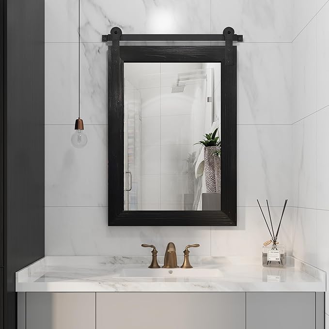 COGOOD Farmhouse Barn Door Mirror - 21 x 30 Rustic Wood Framed Wall Mirror for Bathroom, Living Room, Entryway Wall Decor (Black)