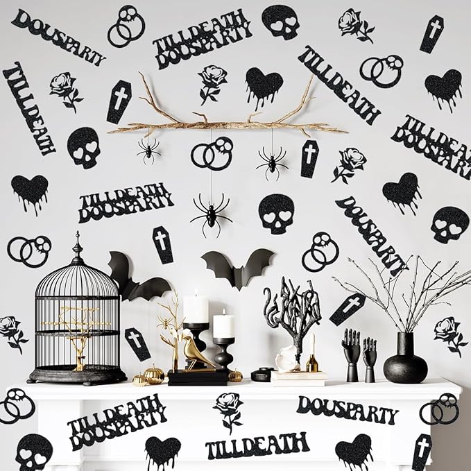 Till Death Do Us Party Confetti, Glitter Halloween Bachelorette Party Table Decorations, Skull Ring Heart Confetti for Gothic Halloween Bachelorette Weeding Bridal Shower Party Decorations（115pcs）