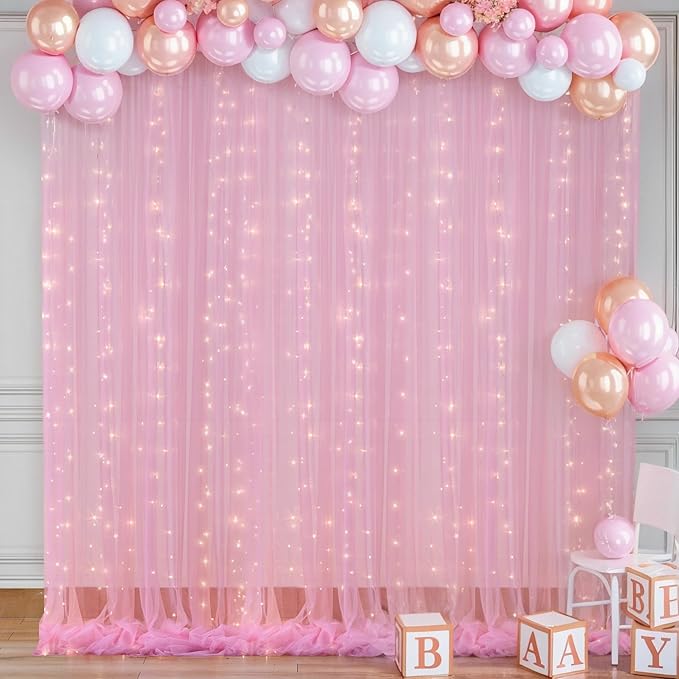 10×10ft Pink Tulle Backdrop Curtain with Lights String for Parties, Sheer Photo Curtain Backdrop Drapes for Wedding Party Photography Backgrounds