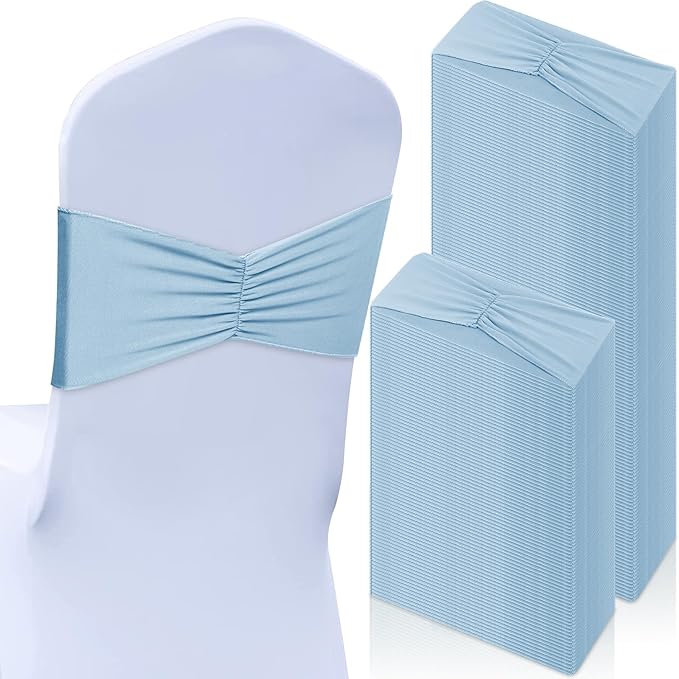 Moukeren 100 Pcs Spandex Chair Sashes Bows Bands Slider Sashes for Chair Covers Elastic Bands Ties Ribbon Decorations for Wedding Party Events Ceremony Birthday Banquet(Sky Blue)