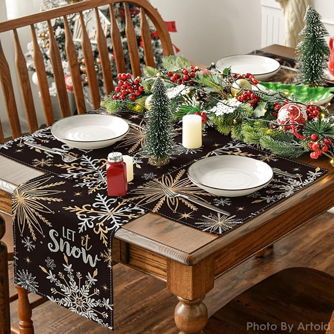 Artoid Mode Black Snowflake Let It Snow Winter Placemats Set of 4, 12x18 Inch Seasonal Christmas Table Mats for Party Kitchen Dining Decoration