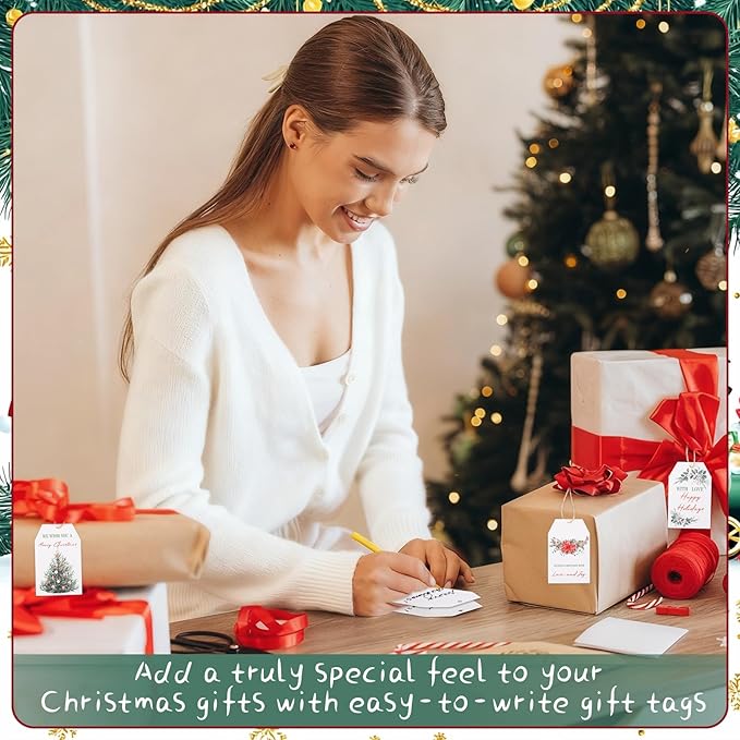 100PCS Christmas Gift Tags 10 Styles Watercolor Christmas Tree Pinecone Tags with String Celebrations Tag for Present Wrapping Xmas Holiday Seasonal Party Favors