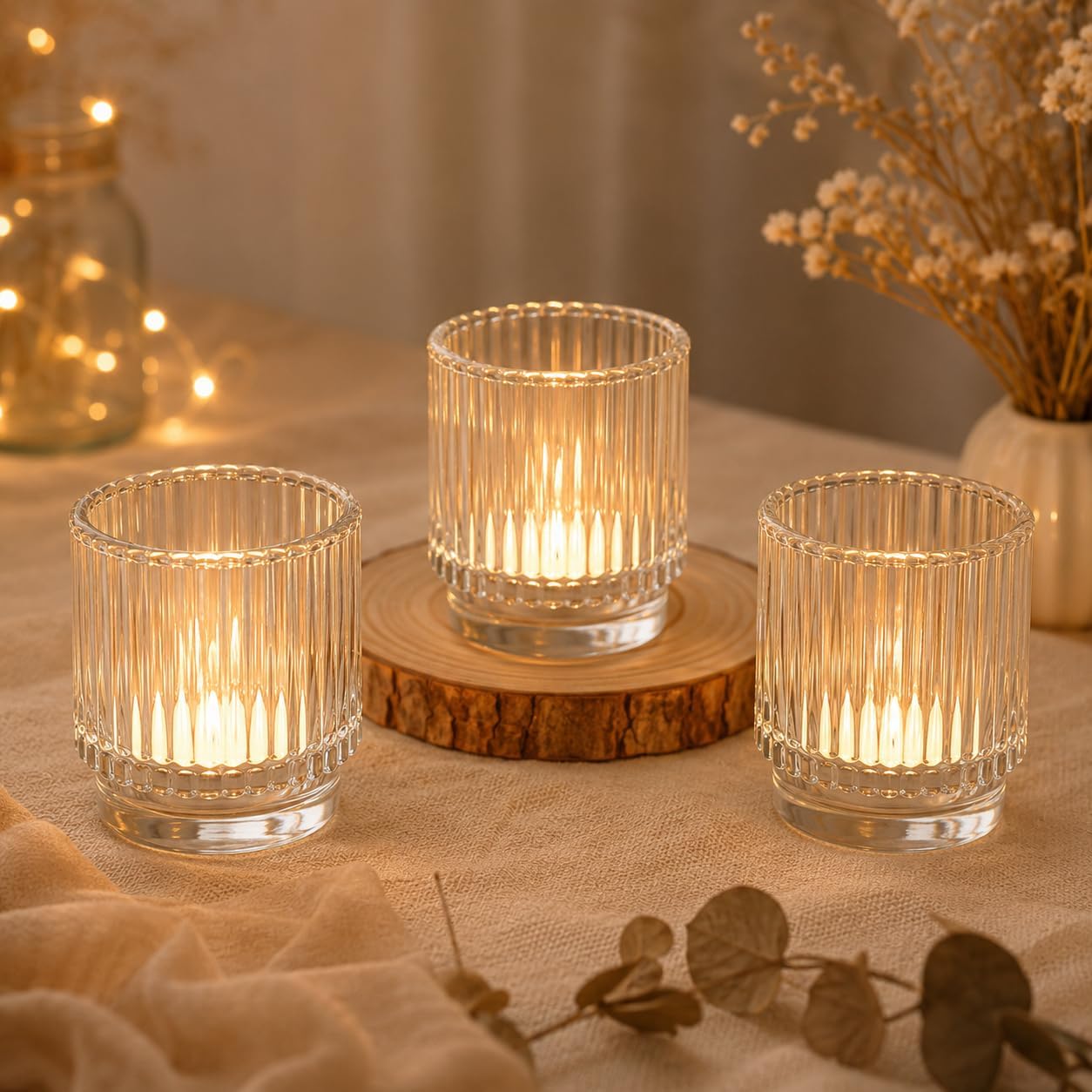 Kate Aspen Vintage Ribbed Red Glass Candle Holders Set of 6 - Votive & Tealight Candle Holder Decor for Holiday Table Decor, Christmas Dining Tablescape, Fall & Boho Home Accents (Clear)