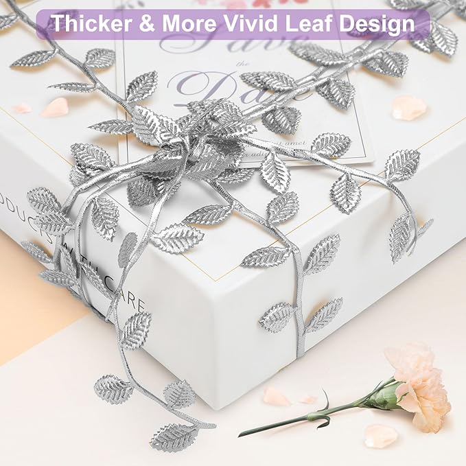 Naidiler Leaf Ribbon, Artificial Vines Leaves String Trim Ribbon Wild Jungle Botanical Greenery for Baby Shower Party Wedding Home Wreaths & DIY Craft (Silver 120Ft)