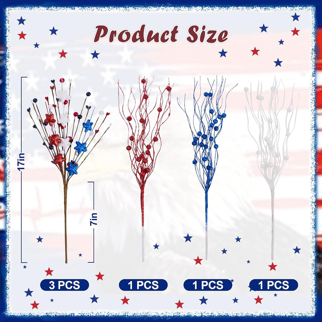 6 Pack 4th of July Patriotic Artificial Berry Stem Picks Red White and Blue Stars Flowers Decoration for Independence Day, Pentagram Faux Berry Branches for Home Office Restaurant Vase Decor