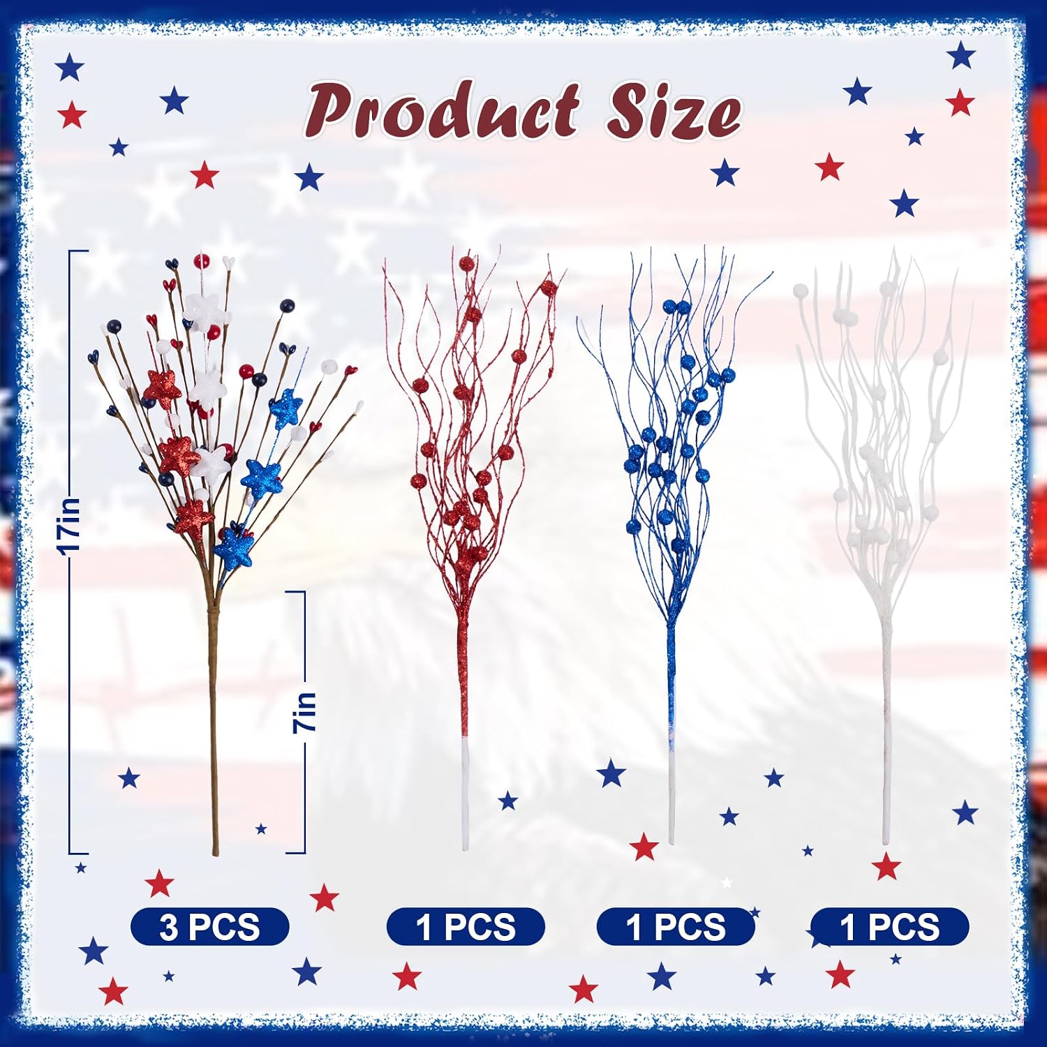 6 Pack 4th of July Patriotic Artificial Berry Stem Picks Red White and Blue Stars Flowers Decoration for Independence Day, Pentagram Faux Berry Branches for Home Office Restaurant Vase Decor