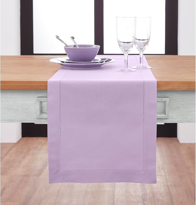 Solino Home Cotton Linen Table Runner 48 Inches - Lavender Ice Hemstitch Table Runner 14 x 48 Inch Ideal for Dresser and Coffee Tables