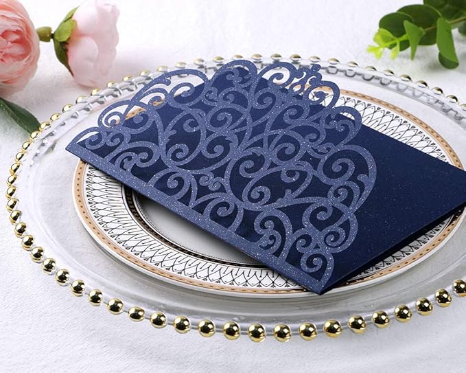 PONATIA 5.12 x 7.2 Laser Cut Invitation Pocket, 20PCS Tri-Fold 5 x 7 Laser Cut Wedding Invitation Pockets with Envelopes for Wedding Bbay Shower Birthday Sweet 16 Invite (Navy Blue, No Inner Sheet)