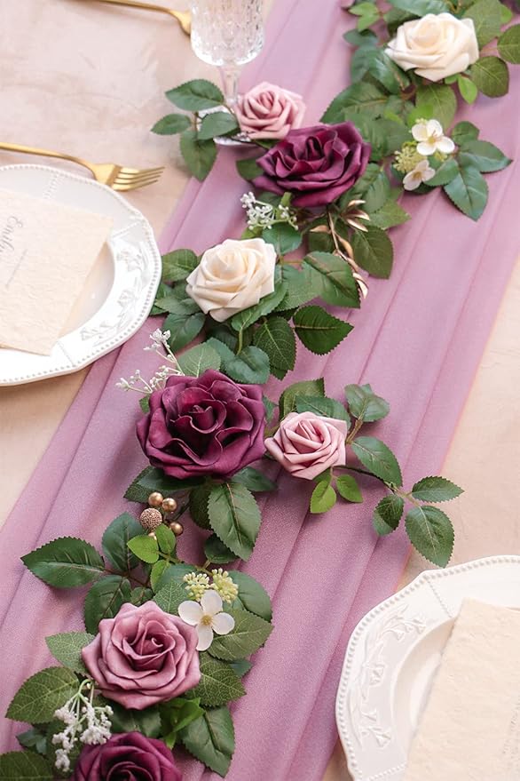 PONATIA 5FT Handcrafted Burgundy Artificial Rose Garland, Dusty Rose Flowers for Wedding Ceremony Garlands Backdrop Arch, Christmas Decorations Table Decor