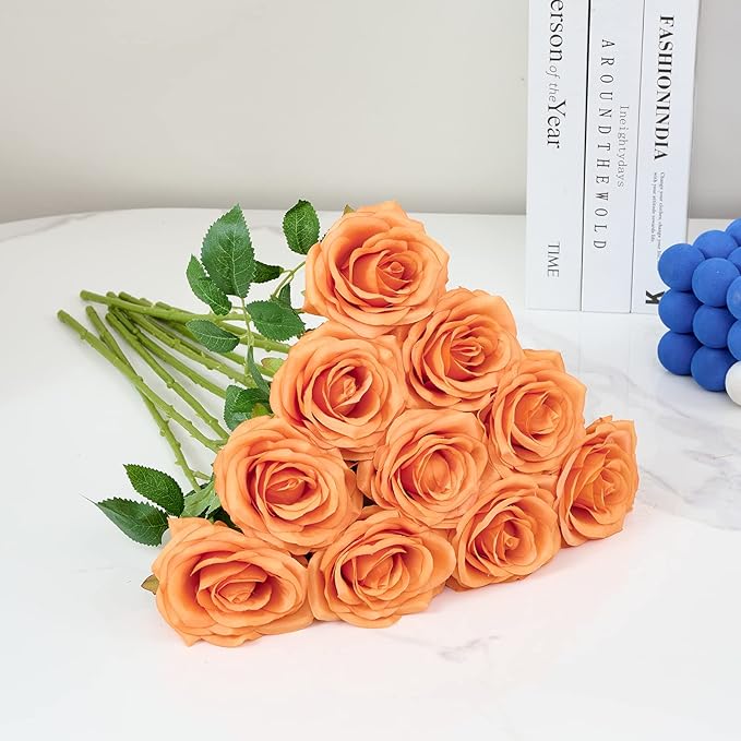 Artificial Rose 10pcs Orange Open Flower Bouquet Faux Rose Stems for Wedding Arrangement, Bridal Bouquet, Centerpiece, Fake Faux Silk Flowers
