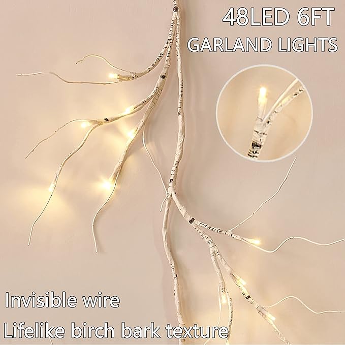 Fudios Lighted Birch Garland with Timer 48 LED Fairy Lights 6ft Battery Operated for Mantle Decor, Lit Christmas White Twig Garland Winter Home Wall Decoration Indoor Outdoor Use 1 Set
