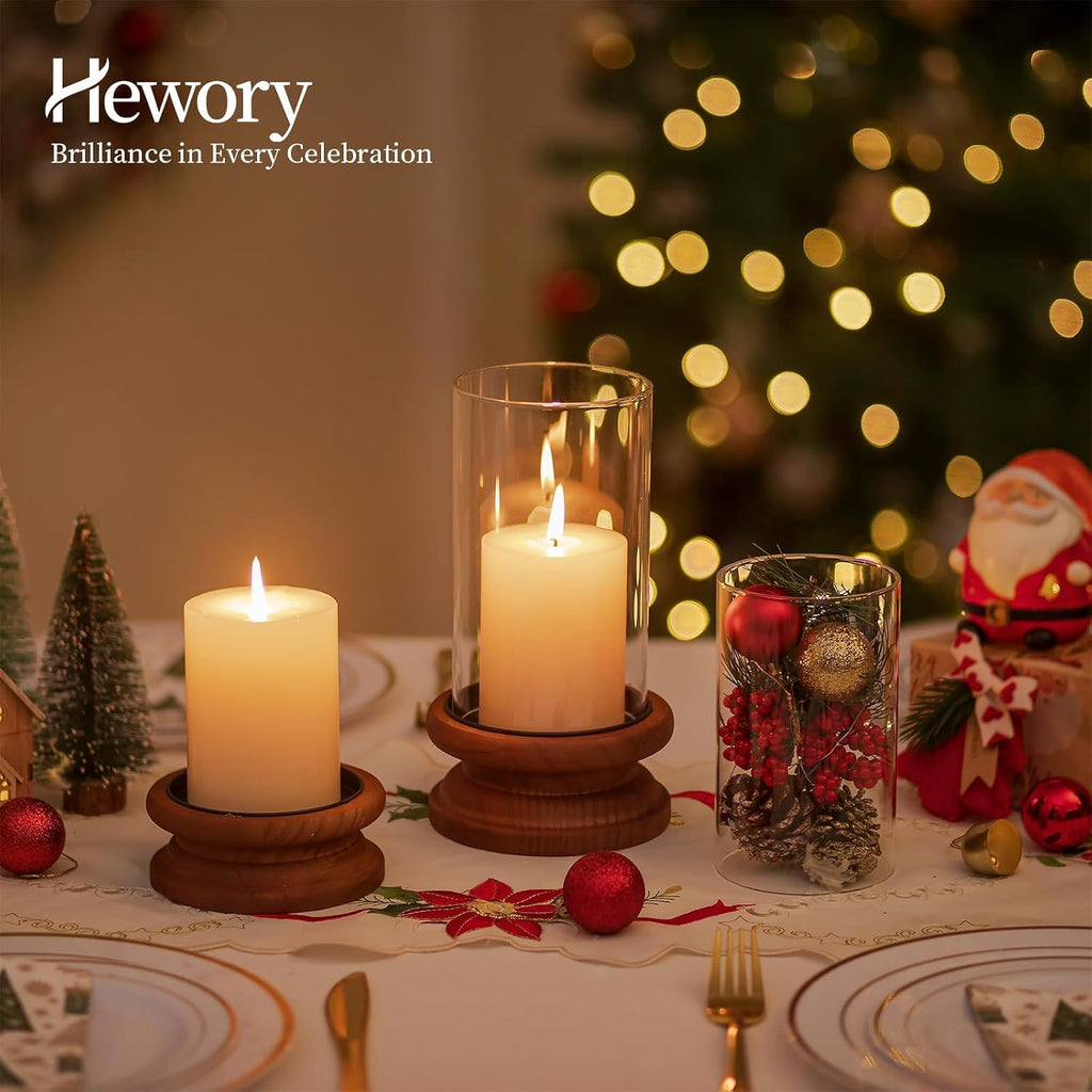 Hewory Hurricane Glass Candle Holder: 2PCS Rustic Brown Candle Holders for Pillar Candles, Vintage Decorative Wood Stand with Clear Glass Cover for Weddings Christmas Table Centerpiece Home Decor