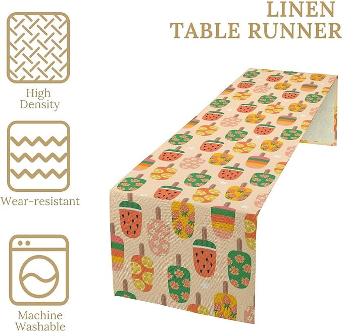 Summer Popsicles Table Runner, Colorful Cute Ice Cream Childish Seasonal Dinner Runner for Party Holiday Home Kitchen Dining Table Decor 13"x70"