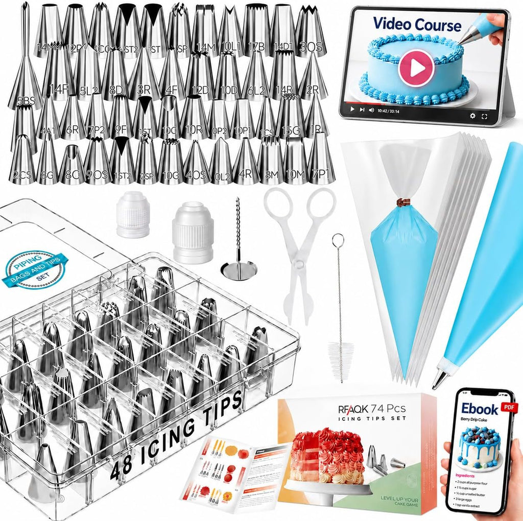 RFAQK 74 PCs Icing Piping Bags and Tips Set, Cake Decorating Kit with 48-Numbered Piping Tips, Anti Burst Pastry Bags for Cookie Cupcake Cake Decoration, Cake Decorating Tips Set with Booklet & E-book