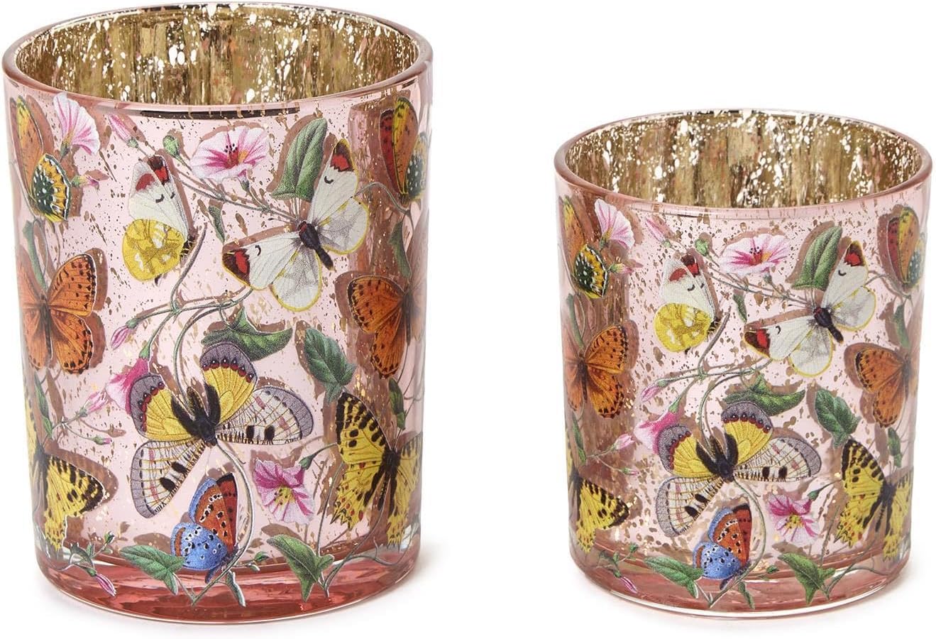 Two's Company Butterfly Silhouette Antiqued Candleholders, 5-Inch, Glass, Multicolor, Set of 2