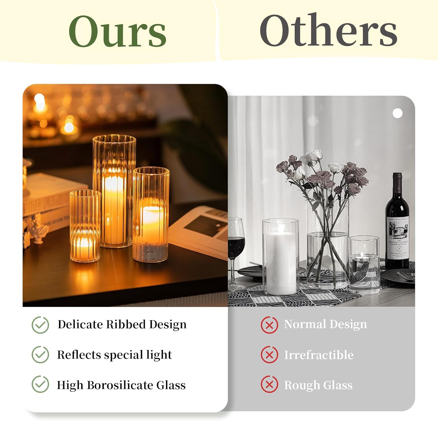 Glasseam Ribbed Glass Candle Holder, Cylinder Candle Holders for Pillar Candles, Clear Hurricane Candle Holder Set of 6, Decorative Floating Candle Vases for Centerpieces Wedding Table Decorations