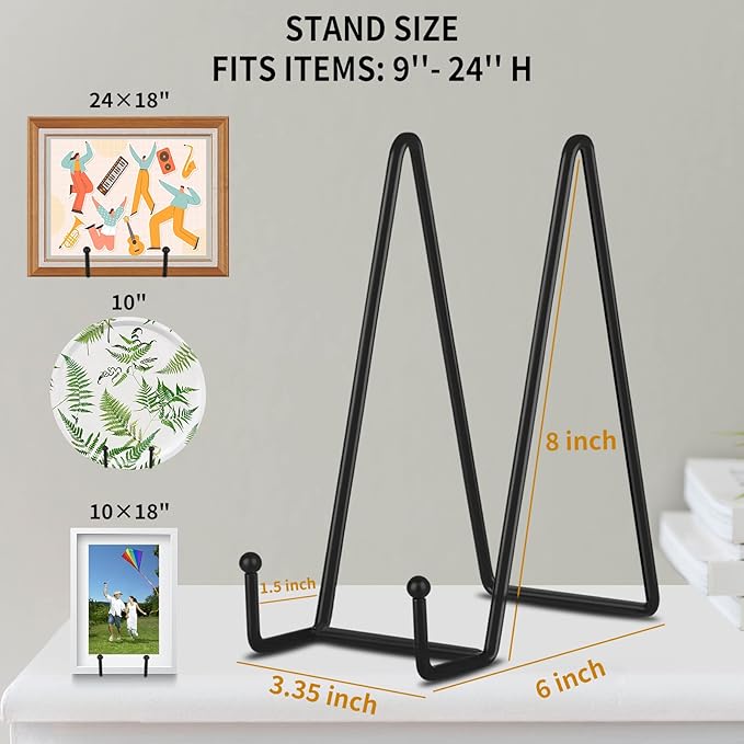 Decolore 8 Inch 3 Pack Black Metal Plate Holder Display Stands for Picture, Decorative Plate, Book, Photo Easel, Artistic Work