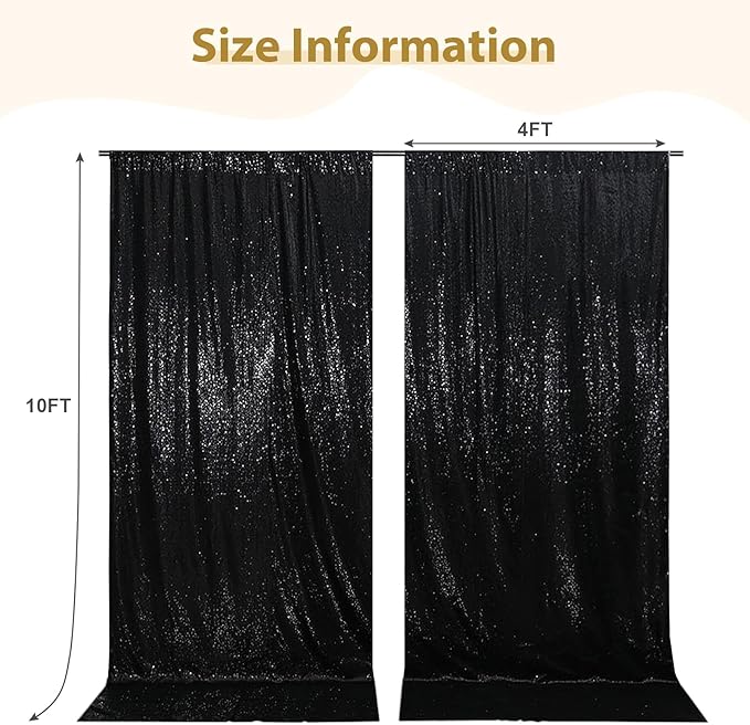 SquarePie Sequin Backdrop Curtain 8FT x 10FT Black Satin Backing Fabric Photography Background for Wedding Patry 4FT x 10FT 2 Panels
