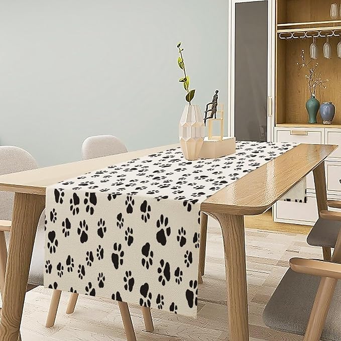 Dog Paws Table Runner,Cartoon Cute Black White Animal Footprints Abstract Tablecloth Burlap for Hotel Indoors Outdoor Dining Room Kitchen Home Decor,W13X L60 in
