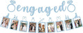 Pre-Strung Engaged Photo Banner - Light Blue Glitter Engagement Party Decoration Supplies with Romantic Memories Picture Card Frames for Bachelorette, Bridal Shower, Wedding Party Photo Booth Props