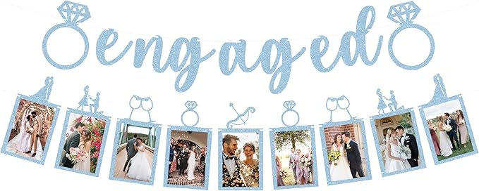 Pre-Strung Engaged Photo Banner - Light Blue Glitter Engagement Party Decoration Supplies with Romantic Memories Picture Card Frames for Bachelorette, Bridal Shower, Wedding Party Photo Booth Props
