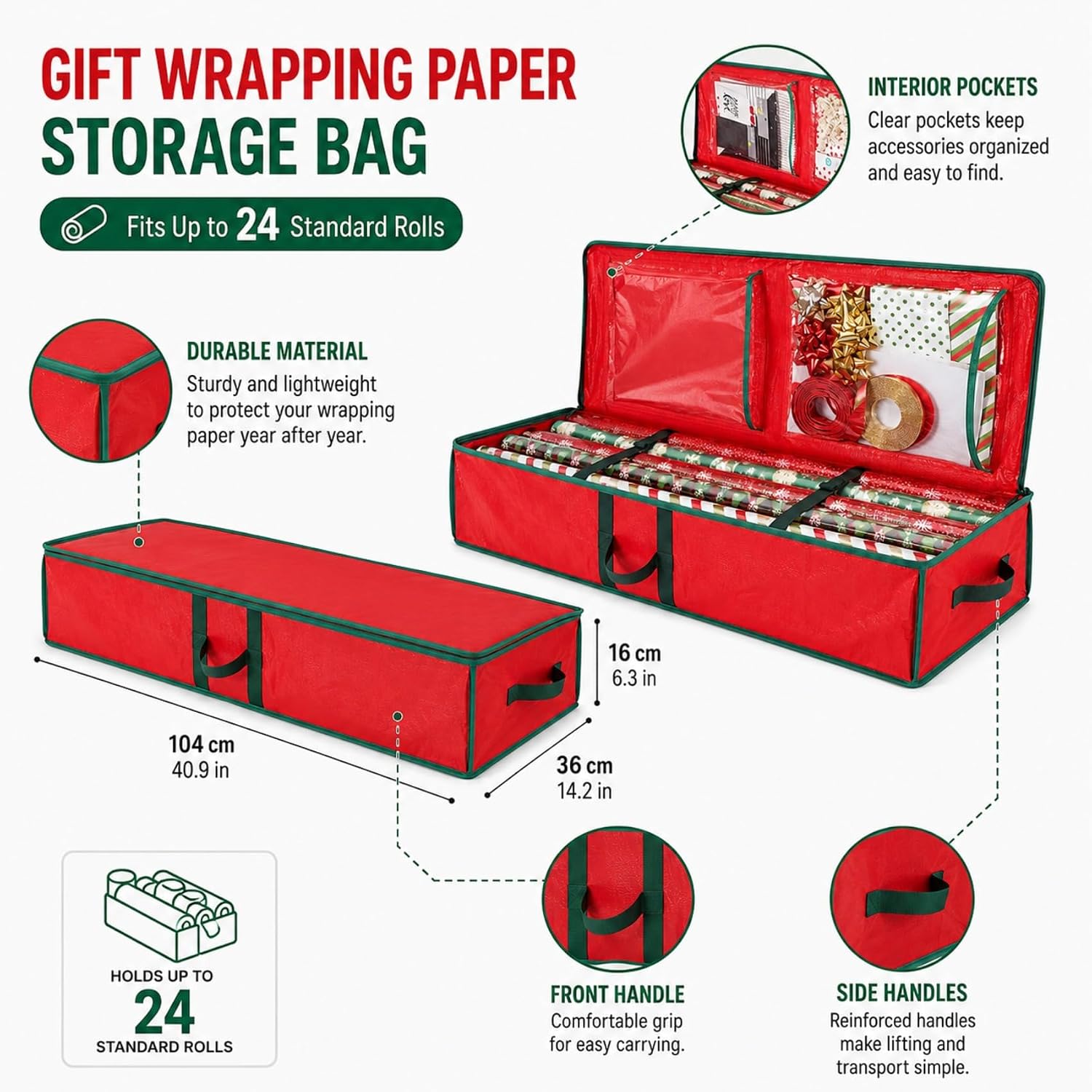 Gift Wrapping Paper Organizer Storage Bag, Wrapping Paper Storage Container Fits Up to 24 Rolls, Waterproof Holiday Gift Wrap Holder with Interior Pockets for Bows, Ribbons & Tags(104×36×16cm) (Red)