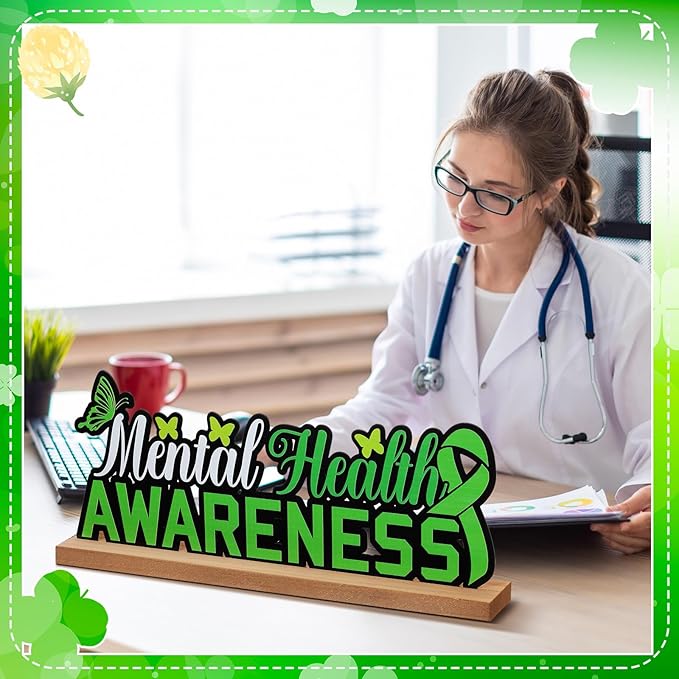 Mental Health Awareness Metal Sign Rustic Table Decor Holiday Tiered Tray Decor with Wooden Base Freestanding Metal Word Sign for Home Tabletop Centerpiece Mantel Shelf Fireplace