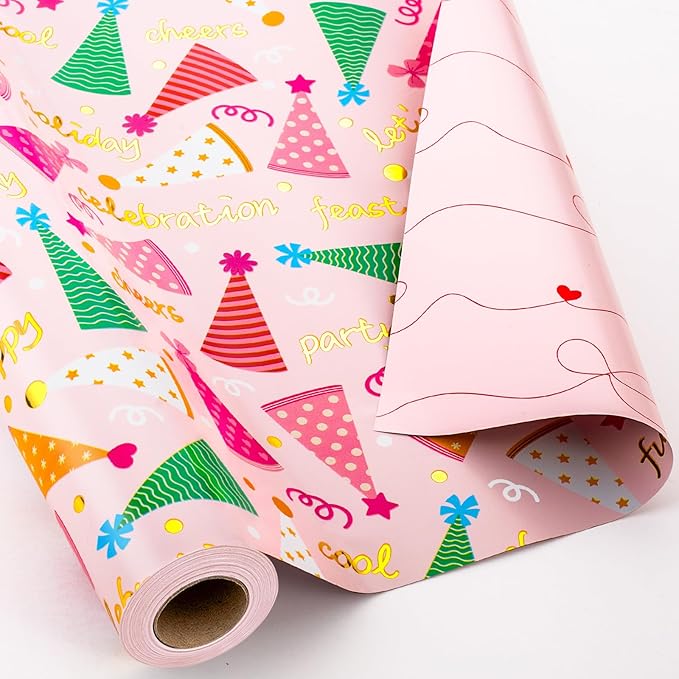 Yarcony Pink Birthday Wrapping Paper for Girl Women, Metallic Foil Girly Party Hat, Bow Design Happy Birthday Gift Wrap Paper for Kid Party, Baby Shower, Holiday (Mini Roll, 17 Inch X 33 Feet)