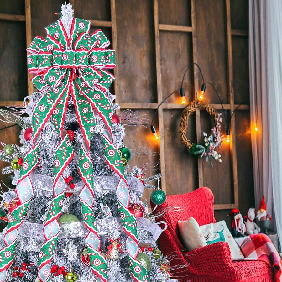 Christmas Tree Topper Wreath Bow Large Green Christmas Bow Tree Topper 52"x13" Red and Green Cane Patterned Gift Bows for Xmas Holiday Home Wedding Thanksgiving Indoor/Outdoor Decoration