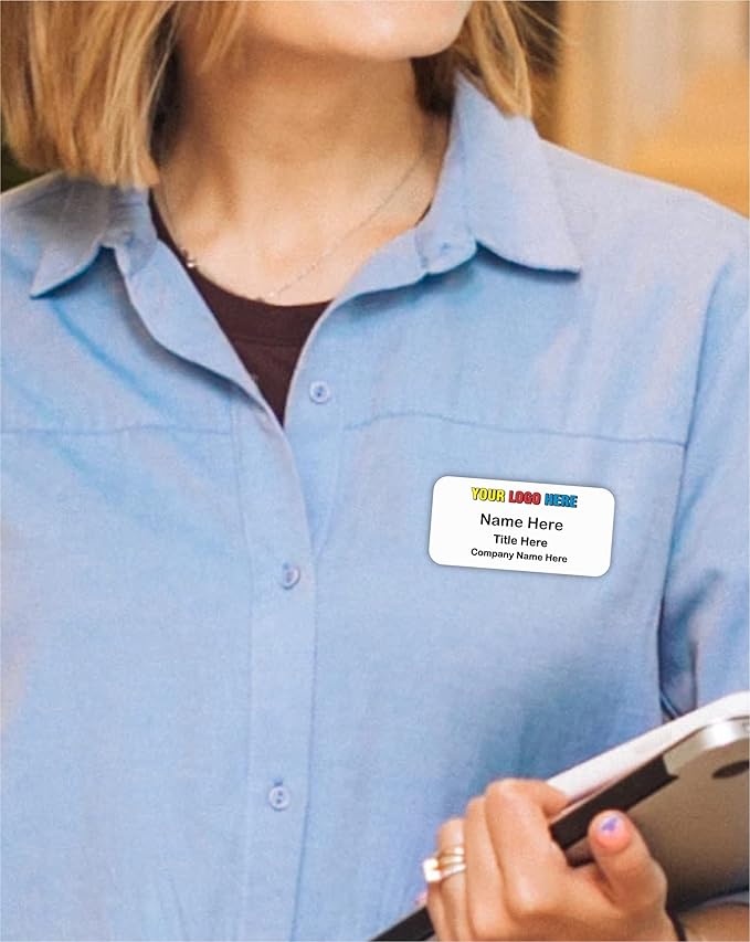 Custom Name Tag with Logo - Personalized Name Badge with Magnet Backing - Choose Your Size and Color (White Metal 3"x1.5" - Logo on Top)