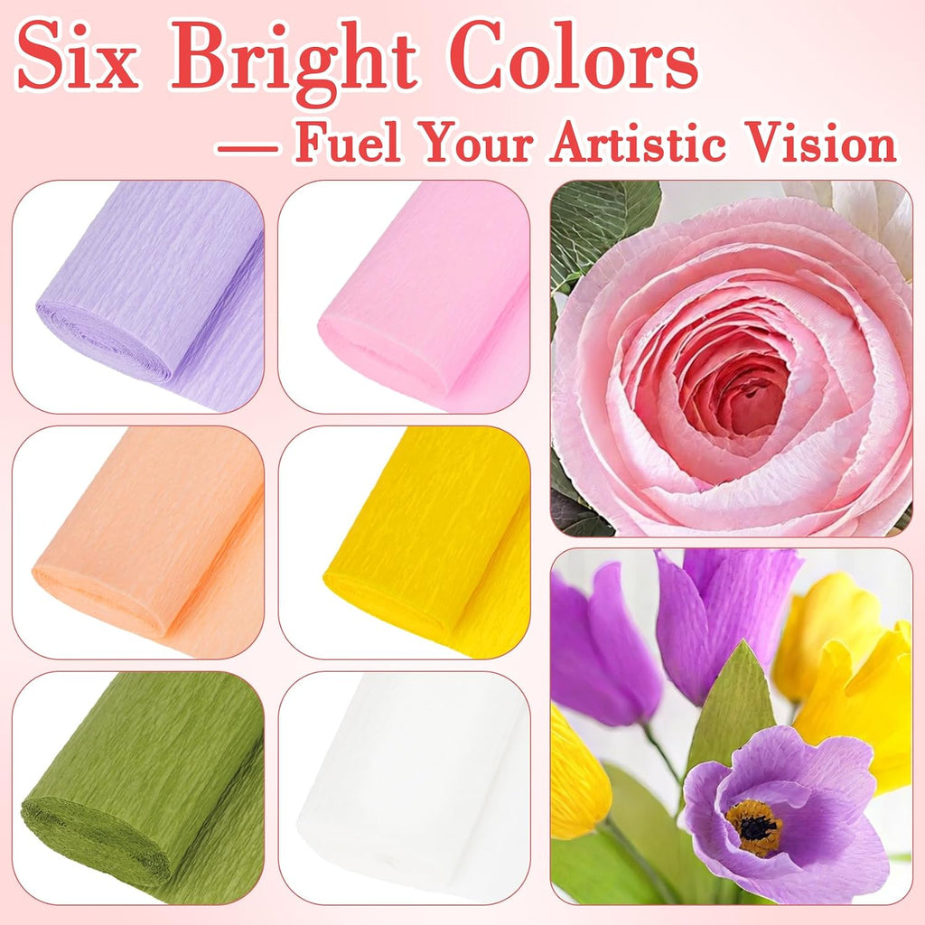 RAINFLOW 27 PCS Crepe Paper Roll Kit - 6 Rolls Crepe Paper Sheets with Floral Tape and 20Pcs Floral Wire, Crepe Paper Streamers for Mother's Day Crepe Paper Flower DIY Crafts Birthday Party Decor