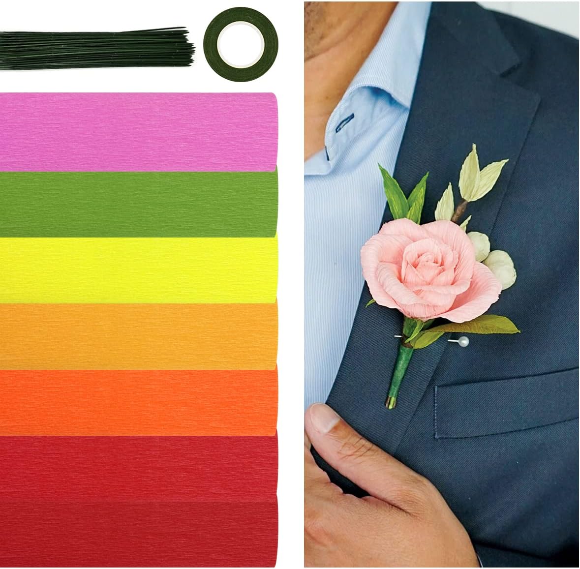 Cieovo Crepe Paper Flower DIY Kits, 7 Rolls Rainbow Bright Colors Crepe Paper Rolls Green Floral Tape and 50 Green Floral Iron Wire for Wedding Festival Party Wreath Making Supplies DIY Flower Crafts