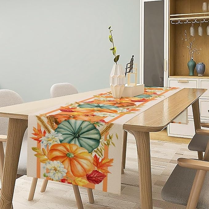 Autumn Table Runner,Orange Pumpkin Flowers Leaves Fall Table Runners Seasonal Kitchen Dining Table Decor for Thanksgiving Harvest Home Holiday Party 13x70 Inch