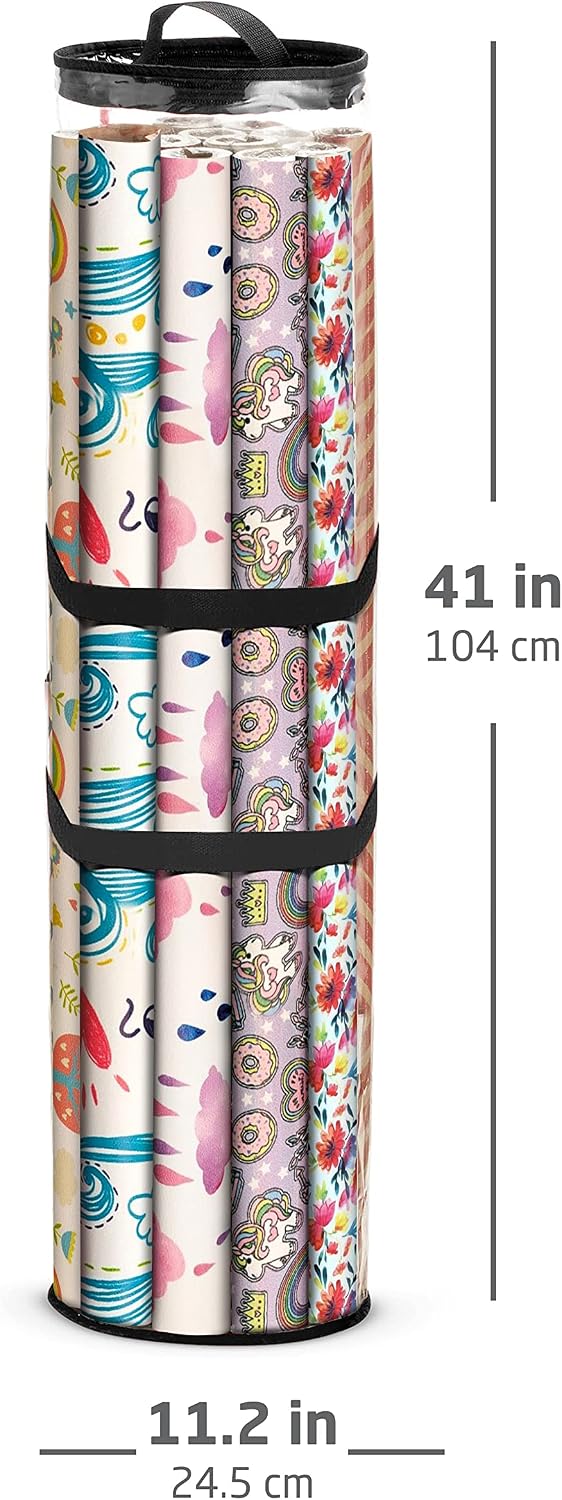ZOBER Round Christmas Gift Wrapping Paper Organizer Storage - 40 Inch Gift Wrap Storage Containers - Wrapping Paper Holder, Clear PVC Waterproof, Fits 25 Standard Rolls - Black