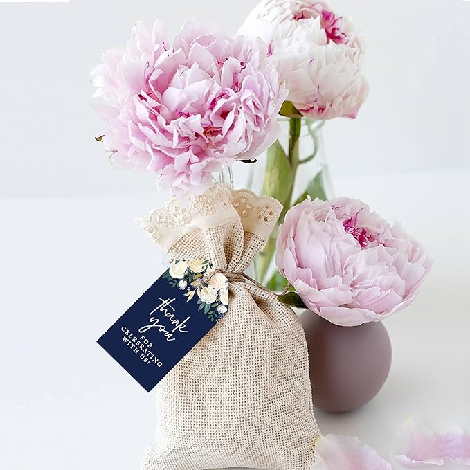 Andaz Press 100-Pack Thank You for Celebrating with Us Favor Tags Navy Blue with Florals Cardstock Gift Tags with Bakers Twine for Wedding Baby Shower Bridal Shower Party Favors 2 x 3.75-Inches
