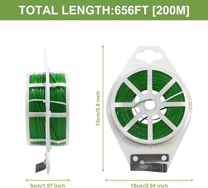 SumDirect Plant Ties,656FT/200m Green Garden Twist Ties with Cutter for Gardening Plants Growth and Care,Plant Garden Twine Wires for Office Home Cable Organization (656 Feet / 200 Meters(1 Roll))