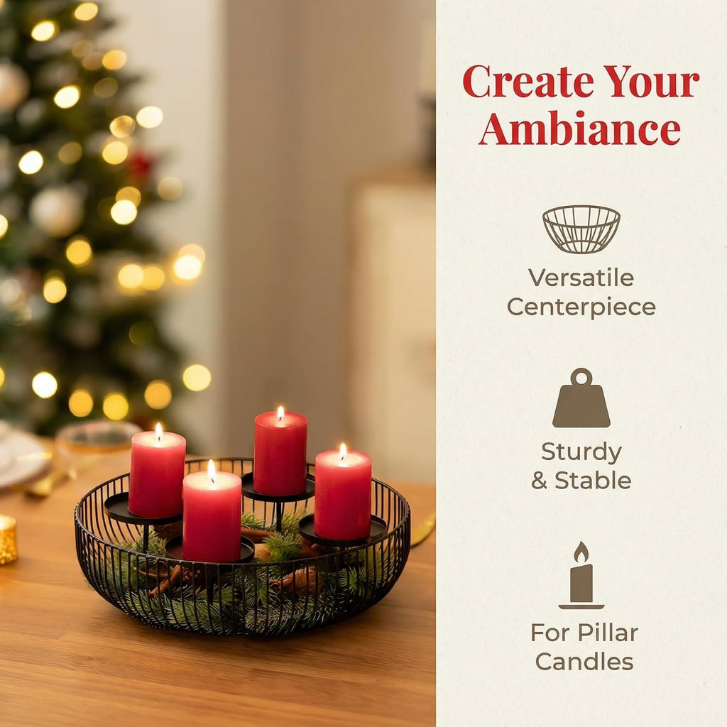 4-Tray Matte Black Candle Holder - Round Pillar Candle Holder for Fireplace Mantel, Dining Table Centerpiece, Modern Wire Basket Candle Stand for Home Decor, Wedding & Holiday Decorations