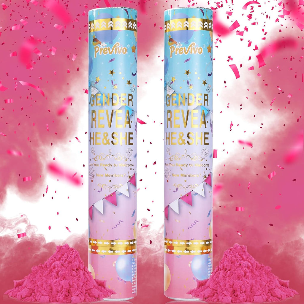 Previvo Gender Reveal Confetti Powder Cannon - 2 Pack Pink Baby Gender Reveal Poppers - 100% Biodegradable Powder Smoke - Baby Party Supplies