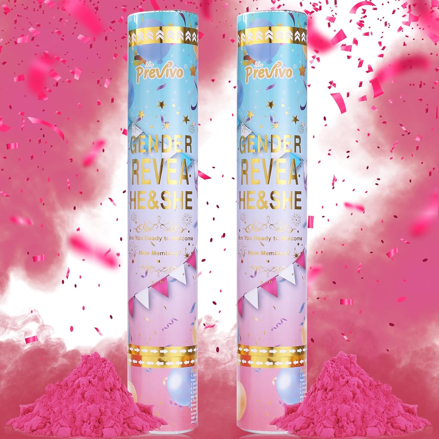 Previvo Gender Reveal Confetti Powder Cannon - 2 Pack Pink Baby Gender Reveal Poppers - 100% Biodegradable Powder Smoke - Baby Party Supplies
