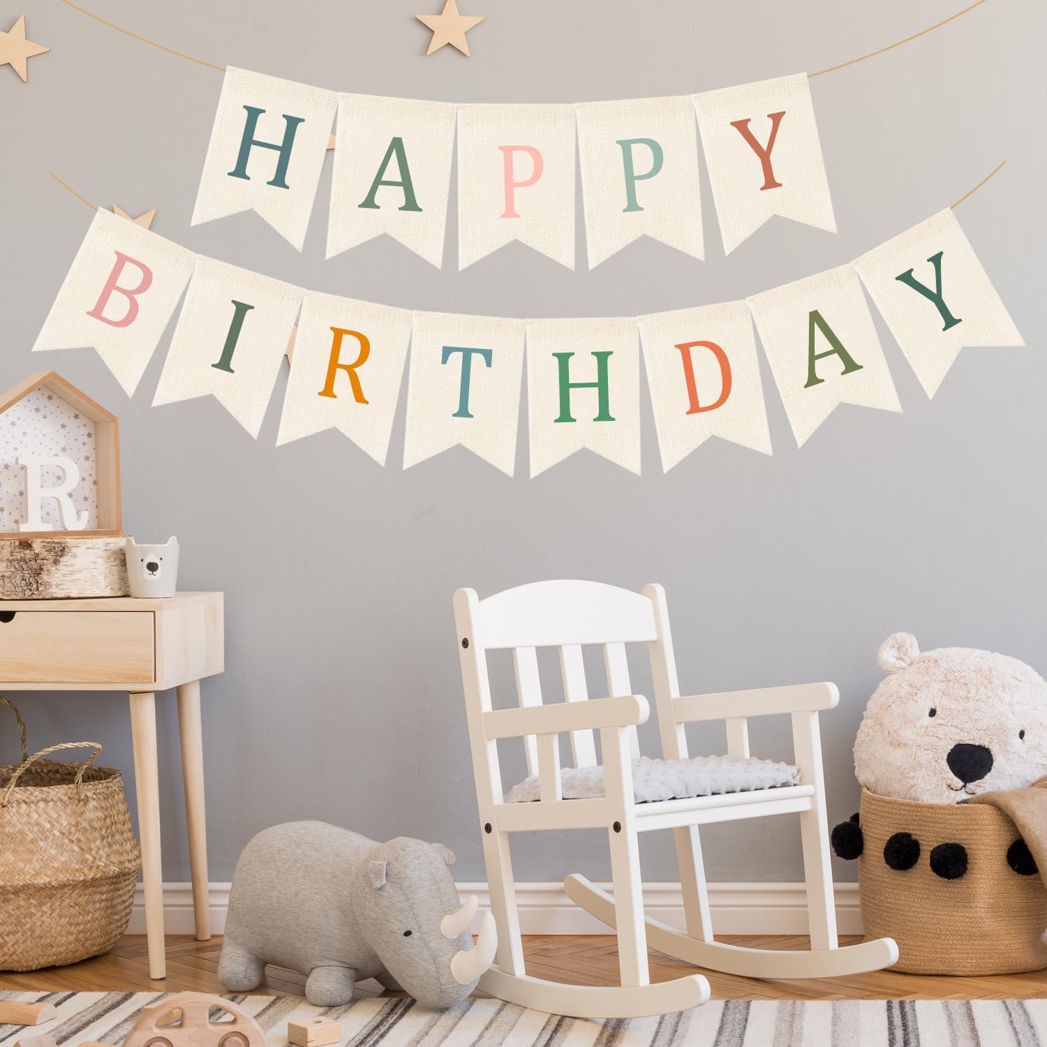 Doumeny Happy Birthday Burlap Banner Boho Birthday Garland Bunting Sage Green Pink Bohemian Party Hanging Flag White Happy Birthday Party Bunting Garland for Women Men Birthday Photo Backdrop