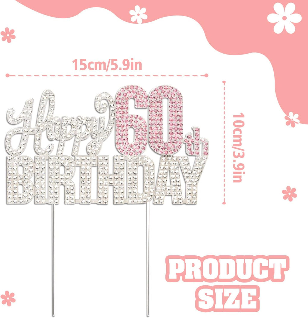 Happy 60th Birthday Pink & Silver Rhinestone Cake Topper - Cheers to 60 Years Old Sixty Bday Metal Sparkly Cake Centerpieces Topper Decorations Sign.