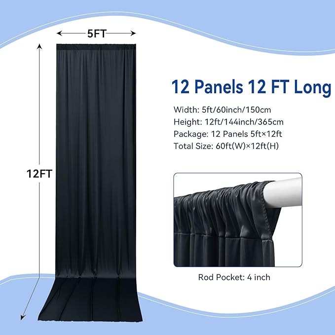 60x12ft Wrinkle Free Black Backdrop Curtain for Wedding Parties,12 Panels 5×12 ft Long Soft Silky Polyester Fabric Backdrop Drapes Black Photo Back Drop Curtains for Party Photography Background Cloth
