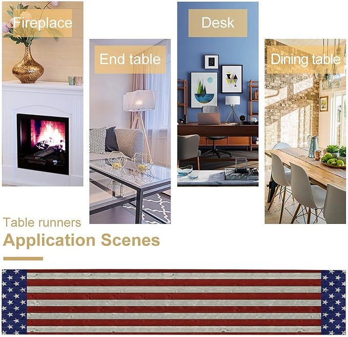 American Flag Table Runner, 4th of July USA Rustic Vintage Wooden Blue Red Stars Stripes Print Table Runner for Farmhouse Kitchen Dining Table Decor, 13x108inch