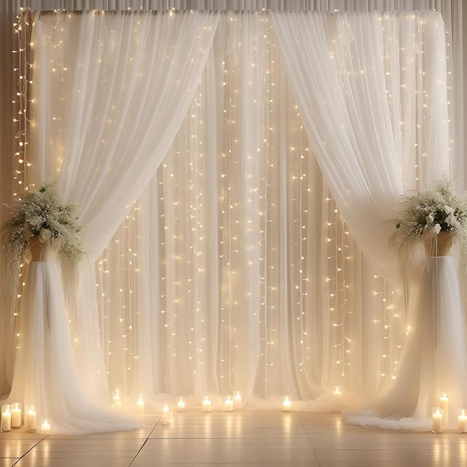10ft x 10ft White Chiffon Backdrop Curtain with Lights String for Parites Wedding Wrinkle Free Curtain Photo Backdrops Drapes for Baby Shower Birthday Party Home Decorations