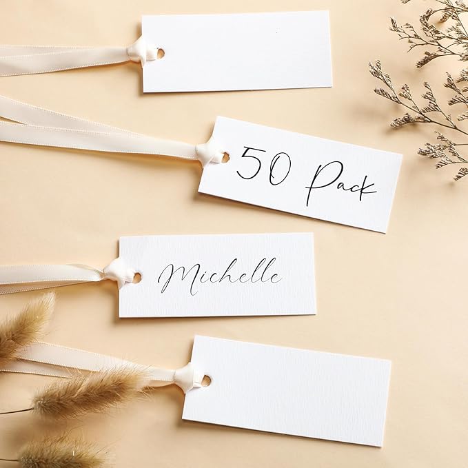 50 Pcs Name Place Cards for Table Setting Blank Wedding Place Cards with Satin Ribbon 1.57 x 3.54 Inch Hanging Gift Tags for Wedding Dinner Banquet Party Table Setting Supplies(Beige)